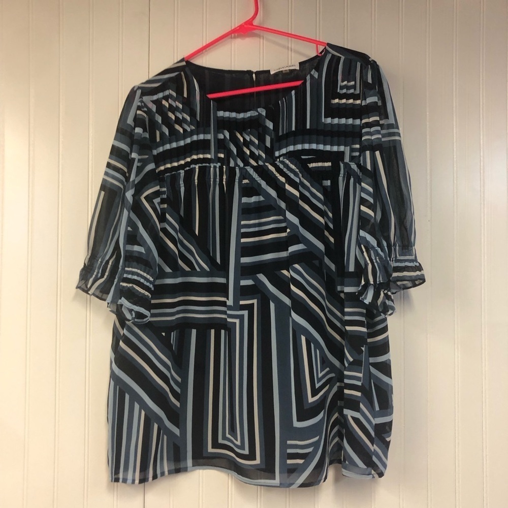 Calvin Klein Blue Stylish Geometric Patterned Women's Short Sleeve Top XL
